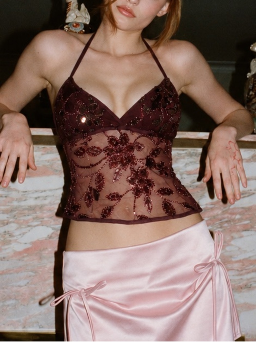 Vintage Y2K Burgundy Sequin Sheer Mesh Lace Halter Cami Top